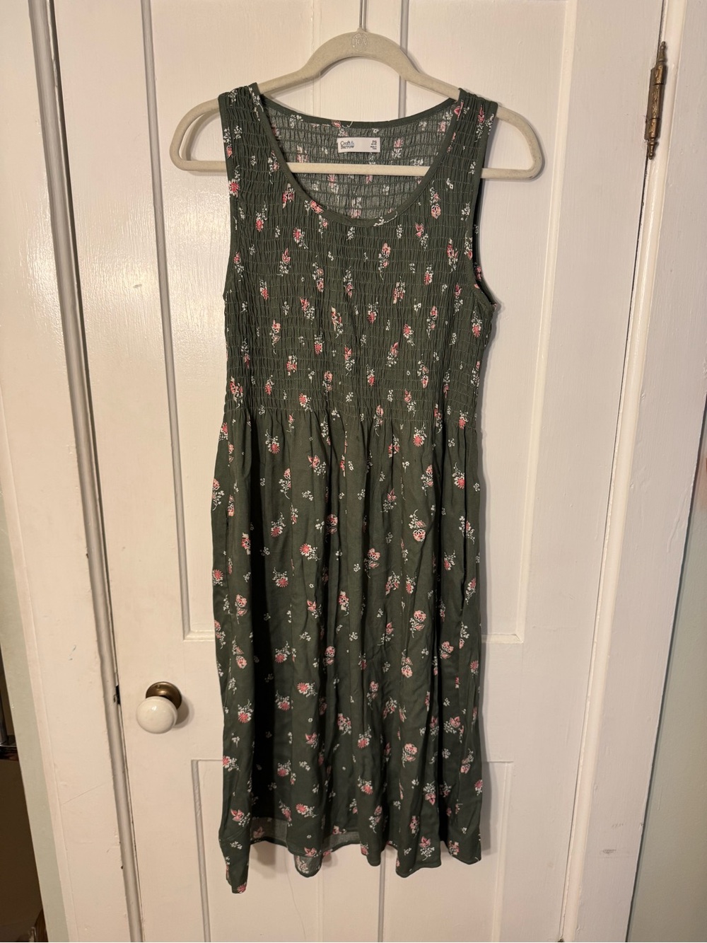Smocked Floral Sleeveless Midi Dress - Olive Green, women’s petite Small